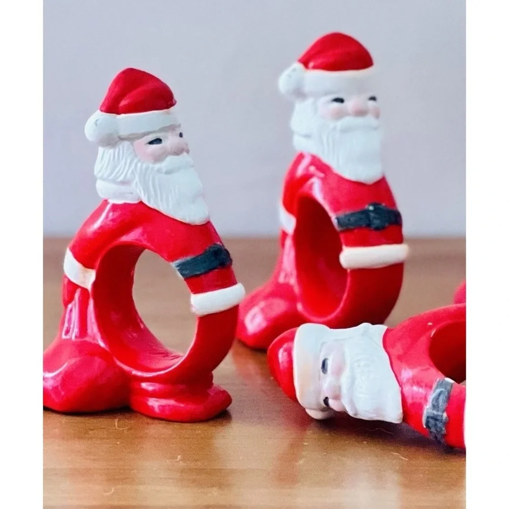 Vintage Santa Napkin Rings Christmas Retro Kitschy Ceramic Saint‎ Nicholas EUC